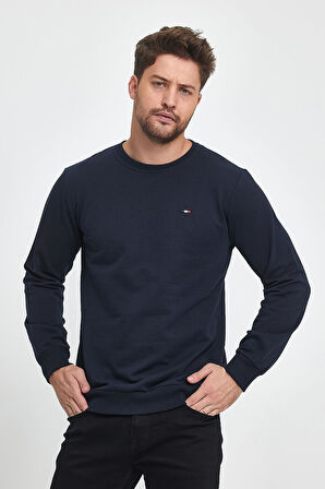 Erkek Lacivert Bisiklet Yaka Nakış Detaylı Regular Fit Sweatshirt