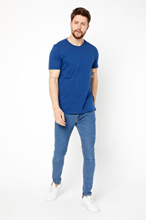 COMEOR Erkek İndigo Slim Fit Pamuklu Kısa Kollu Bisiklet Yaka T-shirt