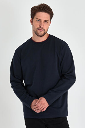 Lacivert Çift Bisiklet Yaka Standart Rahat Kesim Erkek Sweatshirt