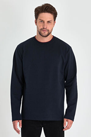 Lacivert Çift Bisiklet Yaka Standart Rahat Kesim Erkek Sweatshirt
