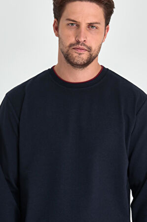 Lacivert Çift Bisiklet Yaka Standart Rahat Kesim Erkek Sweatshirt