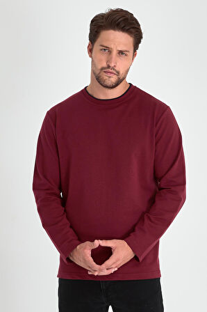 Bordo Çift Bisiklet Yaka Standart Rahat Kesim Erkek Sweatshirt