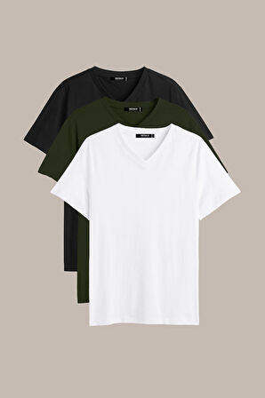 Erkek Çok Renkli T- Shirt Regular Fit Rahat Kesim V Yaka 3'lü Basic Tişört Paketi