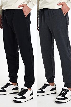 Erkek Siyah-Gri Arka Cep Etiket Detaylı Paça Lastikli Regular Fit 2'Li Eşofman Altı