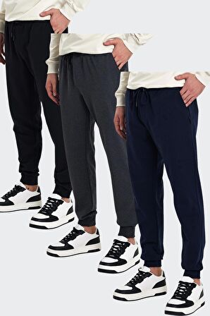 Erkek Siyah-Lacivert-Antrasit Arka Cep Etiket Detaylı Paça Lastikli Regular Fit 3'Lü Eşofman Altı