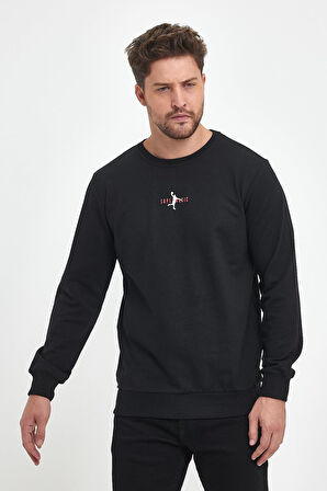 Erkek Siyah Bisiklet Yaka Nakış Detaylı Regular Fit Sweatshirt
