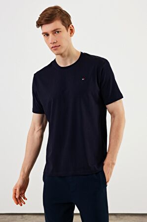 Erkek Bisiklet Yaka T-shirt %100 Pamuk Nakış Detaylı Basic Lacivert Tişört