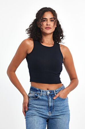 Kadın Lacivert Fitilli Görünümlü Askılı Kalın Esnek Örme Basic Crop Atlet Bluz