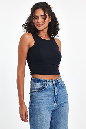 Kadın Lacivert Fitilli Görünümlü Askılı Kalın Esnek Örme Basic Crop Atlet Bluz