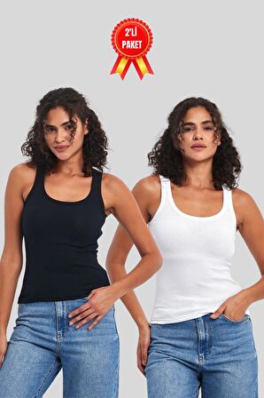Kadın Siyah-Beyaz Fitilli Görünümlü Askılı Kalın 2'li Basic Atlet Bluz