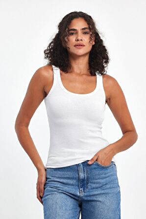 Kadın Siyah-Beyaz Fitilli Görünümlü Askılı Kalın 2'li Basic Atlet Bluz