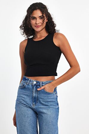 Kadın Siyah-Beyaz-Gri Fitilli Görünümlü Askılı Kalın Esnek Örme 3'lü Basic Crop Atlet Bluz