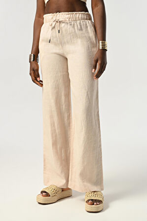 Kadın Beli Lastikli Bol Paça %100 Keten Beli Detaylı Pantolon