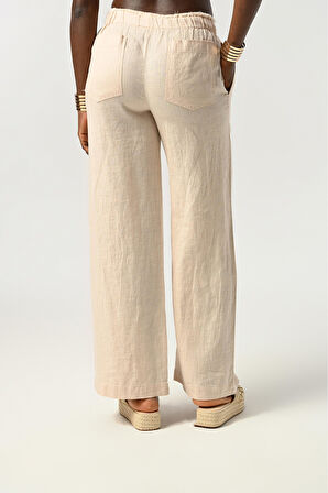 Kadın Beli Lastikli Bol Paça %100 Keten Beli Detaylı Pantolon