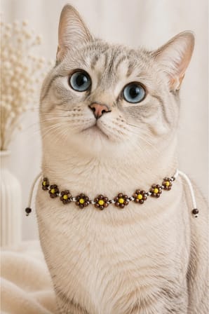 Yapımı Boncuklu Kedi Boyun Aksesuarı Kahverengi Çiçekli Sarı Boncuklu Beyaz Bağcıklı Kedi Tasması