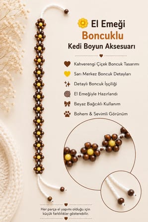 Yapımı Boncuklu Kedi Boyun Aksesuarı Kahverengi Çiçekli Sarı Boncuklu Beyaz Bağcıklı Kedi Tasması