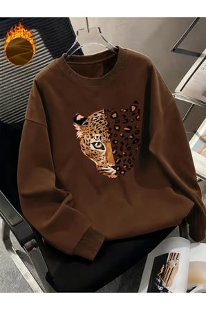 Unisex Leopar Desenli Kaplan Baskılı Bisiklet Yaka Sweatshirt