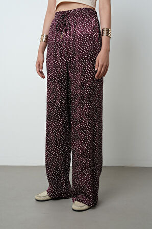 Kadın Bordo Renk Desenli Bol Paça Beli Lastikli Pantolon