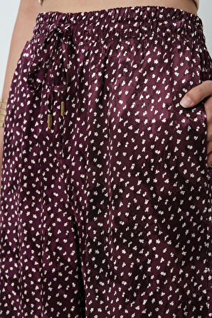 Kadın Bordo Renk Desenli Bol Paça Beli Lastikli Pantolon