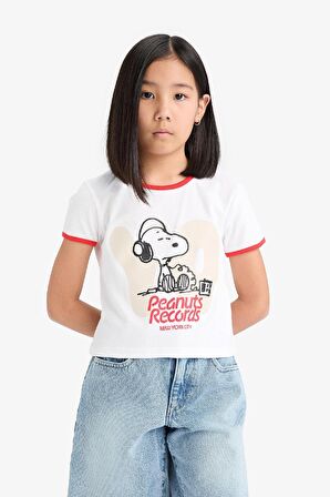 Kız Çocuk Snoopy Crop Bisiklet Yaka Kaşkorse Kısa Kollu Tişört