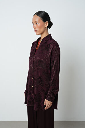 Kadın Bordo Dal Ve Yaprak Desenli Oversize Kesim Gömlek