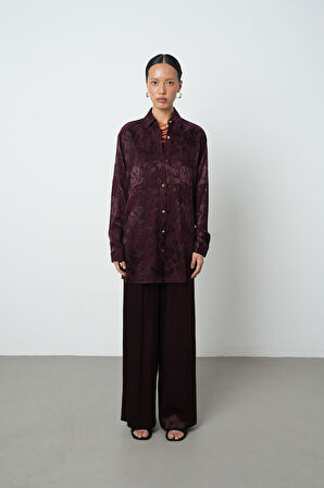 Kadın Bordo Dal Ve Yaprak Desenli Oversize Kesim Gömlek