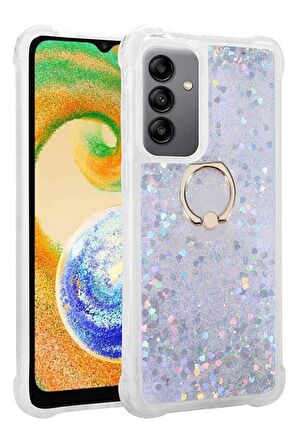 Galaxy A14 Kılıf Sıvılı Simli Pullu Yüzüklü Standlı Lüx Silikon