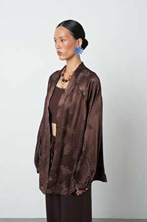 Kadın Kahverengi Yaprak Desenli Oversize Kesim Tesettür Kimono