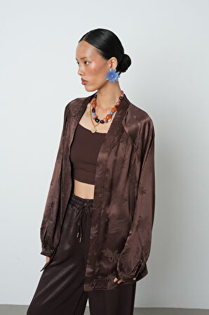 Kadın Kahverengi Yaprak Desenli Oversize Kesim Tesettür Kimono