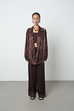 Kadın Kahverengi Yaprak Desenli Oversize Kesim Tesettür Kimono