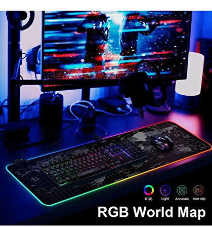 Dünya Desenli Işıklı Rgb Oyuncu Mouse Pad 78x30 Cm Kaymaz Ledli Mousepad Işıklı