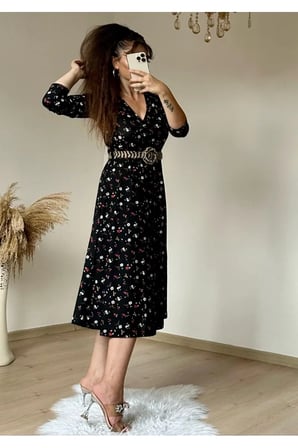 Kemerli Çıtır Çiçekli Midi Boy Elbise Siyah