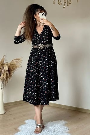 Kemerli Çıtır Çiçekli Midi Boy Elbise Siyah