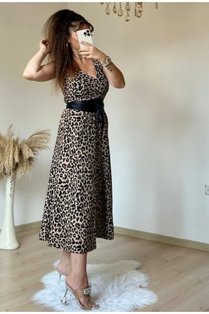 Sıfır Kol Kruvaze Yaka Leopar Desen Krep Elbise