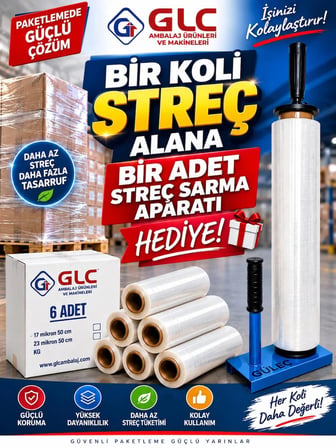 6 Adet (1 Koli) 17 Mikron 300 mt Palet Streç Film Alımına 1 Adet Streç Sarma Aparatı Hediye
