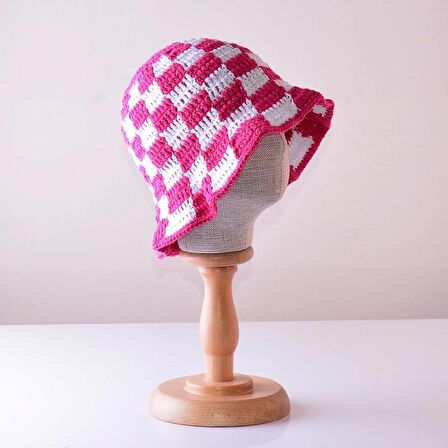 El Örgüsü Çocuk Bucket Şapka - Pembe Beyaz Dama Desenli