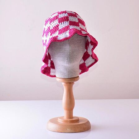 El Örgüsü Çocuk Bucket Şapka - Pembe Beyaz Dama Desenli
