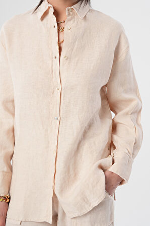 KADIN %100 KETEN YANLARI DÜĞME DETAYLI GÖMLEK