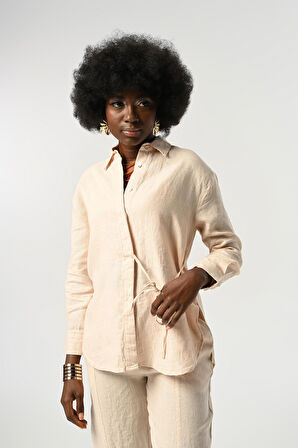 KADIN %100 KETEN ÖNÜ BAĞLAMA DETAYLI GÖMLEK