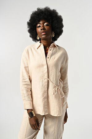 KADIN %100 KETEN ÖNÜ BAĞLAMA DETAYLI GÖMLEK