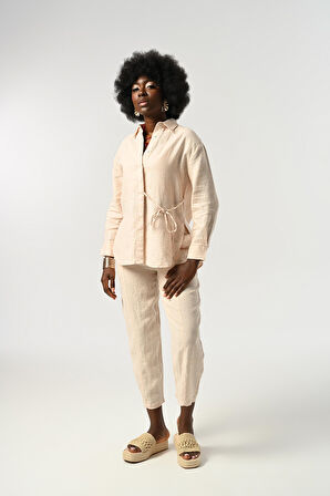 KADIN %100 KETEN ÖNÜ BAĞLAMA DETAYLI GÖMLEK