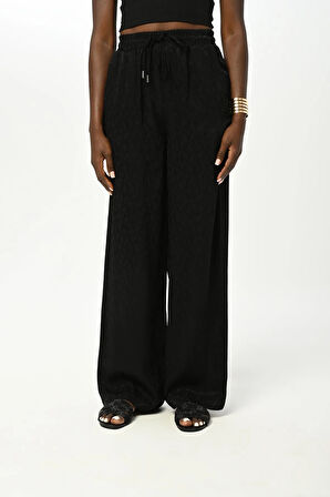 KADIN BELİ LASTİKLİ BOL PAÇA SİYAH DESENLİ PANTOLON