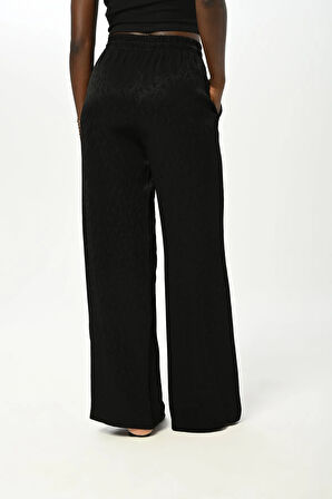 KADIN BELİ LASTİKLİ BOL PAÇA SİYAH DESENLİ PANTOLON