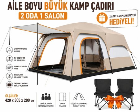 Aile Boyu Büyük Kamp Çadırı (2 Oda 1 Salon) + 2 Kamp Sandalyesi Hediyeli 420 x 305 x 200 cm