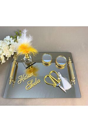 Aynalı Dikdörtgen Söz Nişan Tepsisi Gümüş , Damat Kahve Tepsi, ,söz Nişan Set