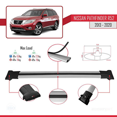 Nissan Pathfinder 4 (R52) 2013-2020 Arası ile Uyumlu FLY Model Ara Atkı Tavan Barı Gri 2 Adet