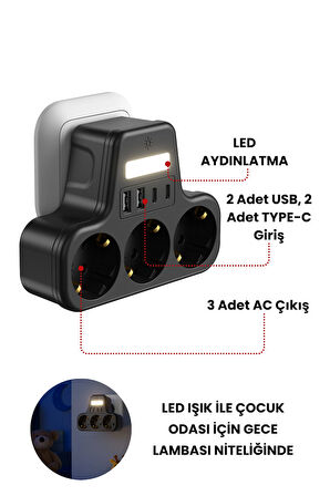 akım korumalı priz gece lambalı 3'LÜ Priz 2XUSB 2XType-C Çıkışlı Grup Priz Çoğaltıcı