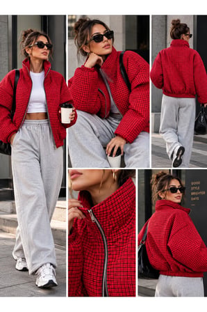 Kadın Kırmızı Ekose Desenli Dik Yaka Fermuarlı Oversize Kısa Bomber Ceket
