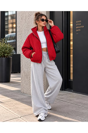 Kadın Kırmızı Ekose Desenli Dik Yaka Fermuarlı Oversize Kısa Bomber Ceket