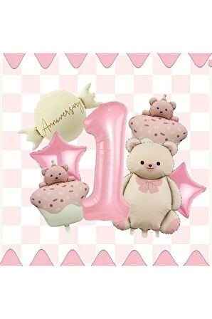 Küçük Ayı Pasta Folyo Balon Seti Pembe Sevimli Ayı, Pasta Ayısı, Şeker Yıldız folyo balon set